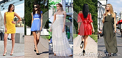 Collage of five beautiful models in colored summer dresses Stock Photo