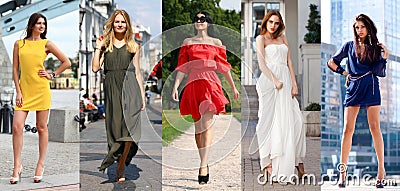 Collage of five beautiful models in colored summer dresses Stock Photo