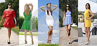 Collage of five beautiful models in colored summer dresses Stock Photo