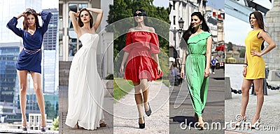 Collage of five beautiful models in colored summer dresses Stock Photo