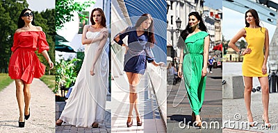 Collage of five beautiful models in colored summer dresses Stock Photo