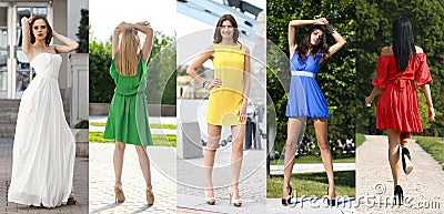 Collage of five beautiful models in colored summer dresses Stock Photo