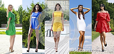 Collage of five beautiful models in colored summer dresses Stock Photo