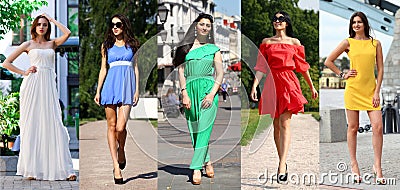 Collage of five beautiful models in colored summer dresses Stock Photo