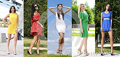 Collage of five beautiful models in colored summer dresses Stock Photo