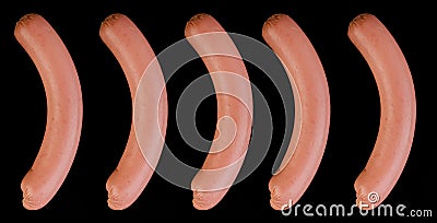 Collage of five boiled sausages, on a black background in isolation Stock Photo