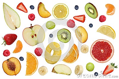 Collage of flying fruits like apples fruit, oranges, banana and Stock Photo