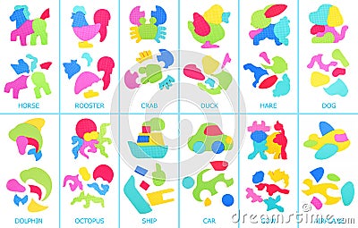 Collage of foam puzzle. Assembled and disassembled puzzles Stock Photo