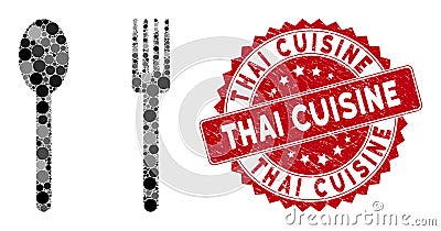 Collage Fork and Spoon with Textured Thai Cuisine Seal Stock Photo