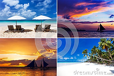 Collage of four images with sailboats and tropical sea Stock Photo