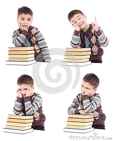 Collage of four photos of young boy reading with books Stock Photo