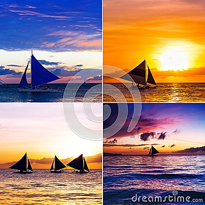 Collage of four square images with sailboats and tropical sea Editorial Stock Photo