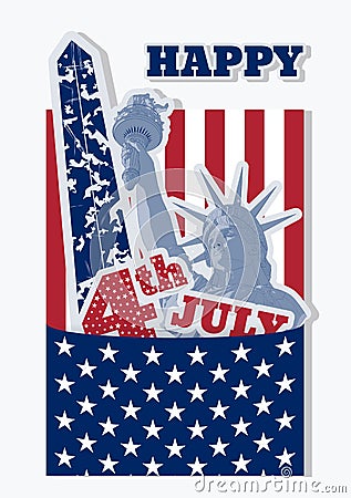 Collage for fourth july celebration USA. Statue of Liberty, flag and monument. Retro design of American symbols. Vector Illustration