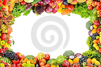 Collage fresh and healthy vegetables and fruits in form frame isolated on white Stock Photo