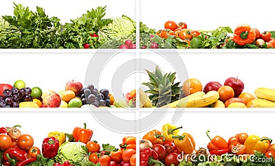 A collage of fresh and tasty fruits and vegetables Stock Photo