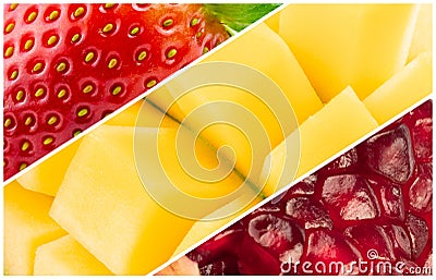 Collage fruits strawberry pomegranate and mango Stock Photo