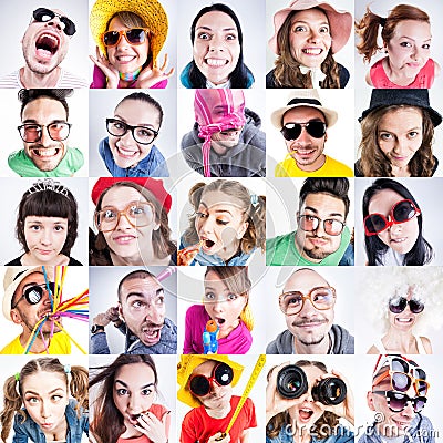 Collage of funny people faces looking silly Stock Photo