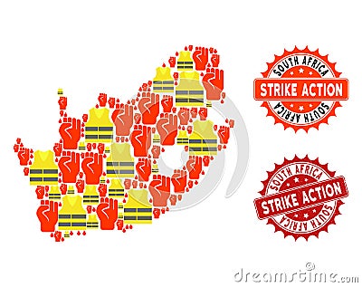 Collage of Gilet Jaunes Protest Map of South African Republic and Strike Action Stamps Vector Illustration