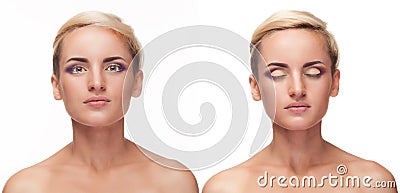 Collage of girl with open and closed eyes and perfect make up Stock Photo