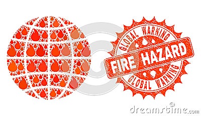 Collage of Globe Burning and Fire Hazard Grunge Stamp Seal Vector Illustration