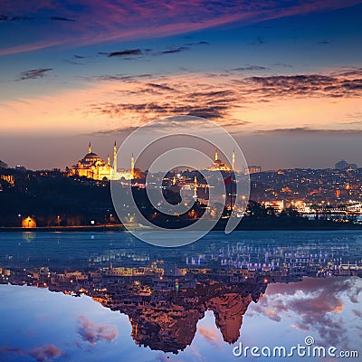 Collage of glowing sunset in Istanbul and in Uchisar, Turkey Stock Photo