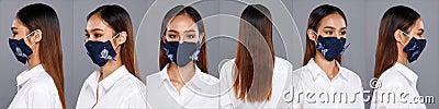 Asian Woman portrait rear side back view turn 360 protective face mask Stock Photo