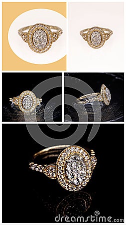 Collage Of A Halo Diamond Ring Stock Photo