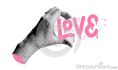 Collage hand with halftone effect holding graffiti lettering LOVE. Cut out palm holds a love word. Vector modern Vector Illustration