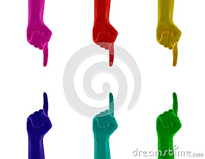 Collage of hand sign pointing up index finger colored on red, yellow, green, blue, cyan, pink, magenta Stock Photo