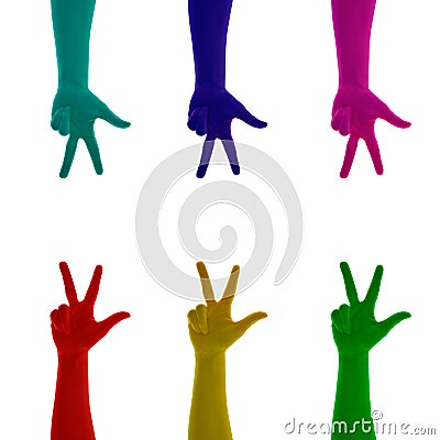 Collage of hand sign three fingers colored on red, yellow, green, blue, cyan, pink, magenta Stock Photo