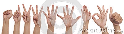 Collage of hands showing different gestures, number hand finger signs set Stock Photo