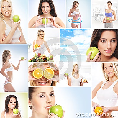 Collage of healy theme images: sport, fitness, nutrition Stock Photo