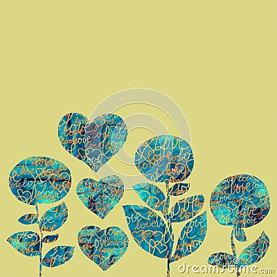 Collage hearts and flowers on a yellow background with words of love Stock Photo
