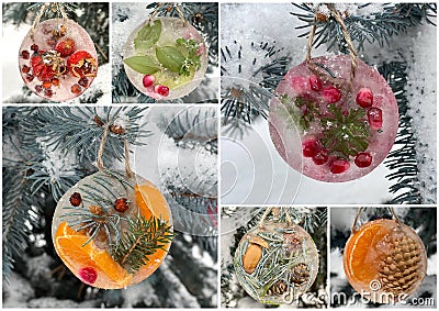 Collage, ice ornament, children's crafts, activiti for winter Stock Photo