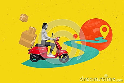 Collage illustration courier scooter drive woman moving new address delivery with carton boxes road to geotag isolated Cartoon Illustration