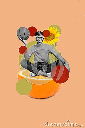 Collage illustration 3d sketch artwork of cheerful man sitting big slice orange promoting sporty energy drink isolated Cartoon Illustration