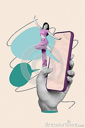 Collage illustration of funky young lady elegance dancing summertime discotheque smartphone sms discussion isolated on Cartoon Illustration