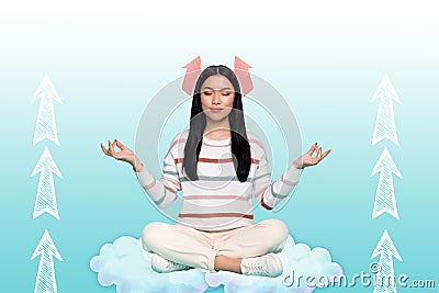 Collage image of focused person sitting cloud meditate arrows grow up isolated on creative background Stock Photo