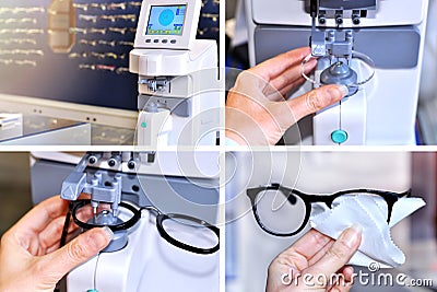 Collage image of the glasses manufacturing process Stock Photo