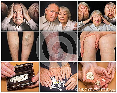 The collage of images of elderly couple on black background. Stock Photo