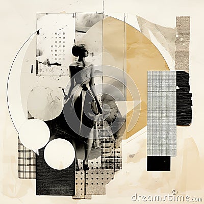 Abstract Art Collage: Woman With Dress And Hat In Beige And Black Cartoon Illustration