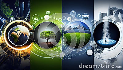 collage images th promote green energy developing growing ecological sustainable businesses development renewable based business Stock Photo