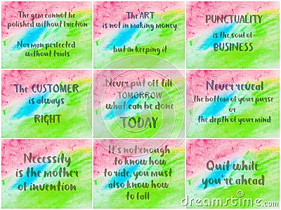 Collage of Inspirational messages over abstract water color backgrounds Stock Photo