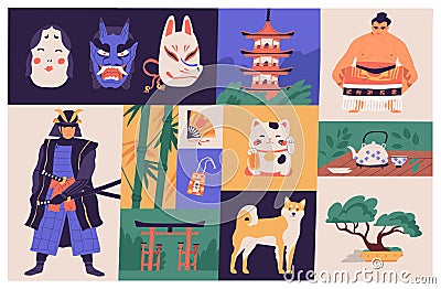 Collage of Japanese national culture, art, sport and traditions. Traditional Japan buildings, bonsai tree, masks, Akita Cartoon Illustration