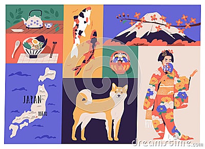 Collage of Japanese national culture, art and traditions. Traditional cuisine, dharma doll, map of Japan, geisha in Cartoon Illustration