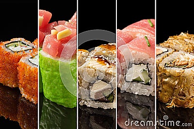 Collage with Japanese sushi. Rolls with tuna, salmon, shrimp, crab and avocado. Sushi menu Stock Photo