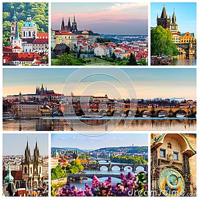 Collage of landmarks of Prague, Czech Republic Editorial Stock Photo