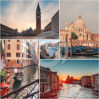 Collage of landmarks in Venice, Italy Editorial Stock Photo