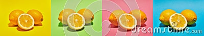 Collage with Lemon on four different background such us: yellow, green, pink and blue collors . Food concept Stock Photo