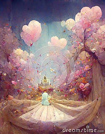 collage for little girls, princess world with heart trees and a castle, children book, ai generated image Cartoon Illustration